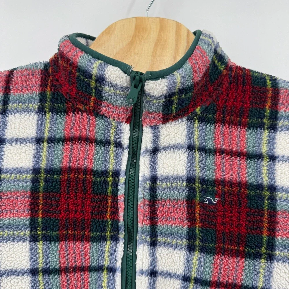 Vineyard Vines Women XL Plaid Sherpa Fleece Quarter Zip Pullover Red Green White - Picture 8 of 12